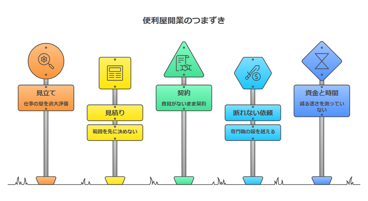 便利屋の開業でつまずく5つの場面を横並びに対比した図
